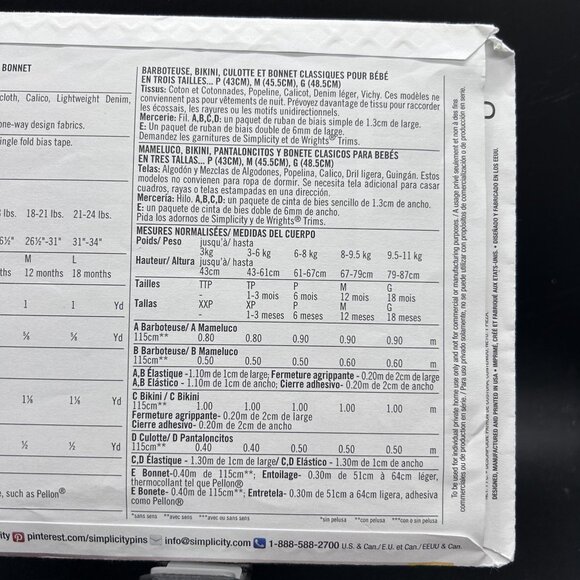 Simplicity 1600 “Romper, Bikini, Panties & Bonnet” (XXS-L) Sewing Pattern - Picture 4 of 5